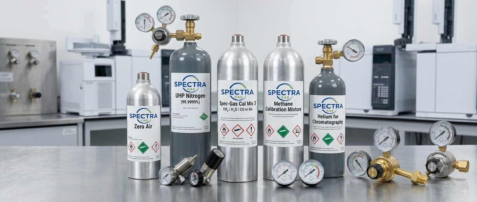 Rows of calibration gas cylinders in a storage facility